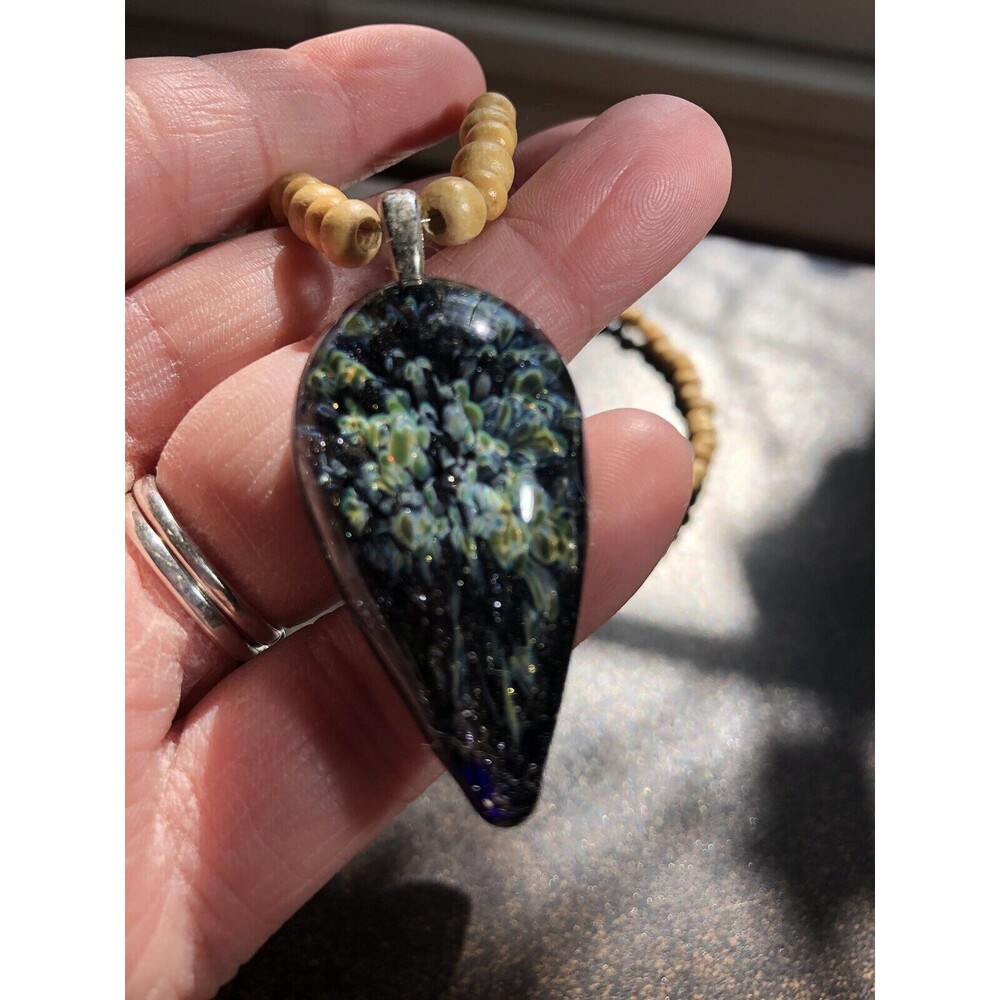 Boro Art Glass Pendant On 19" Wooden Bead Necklace Boho Style Artisan Made 2008 - Picture 8 of 14